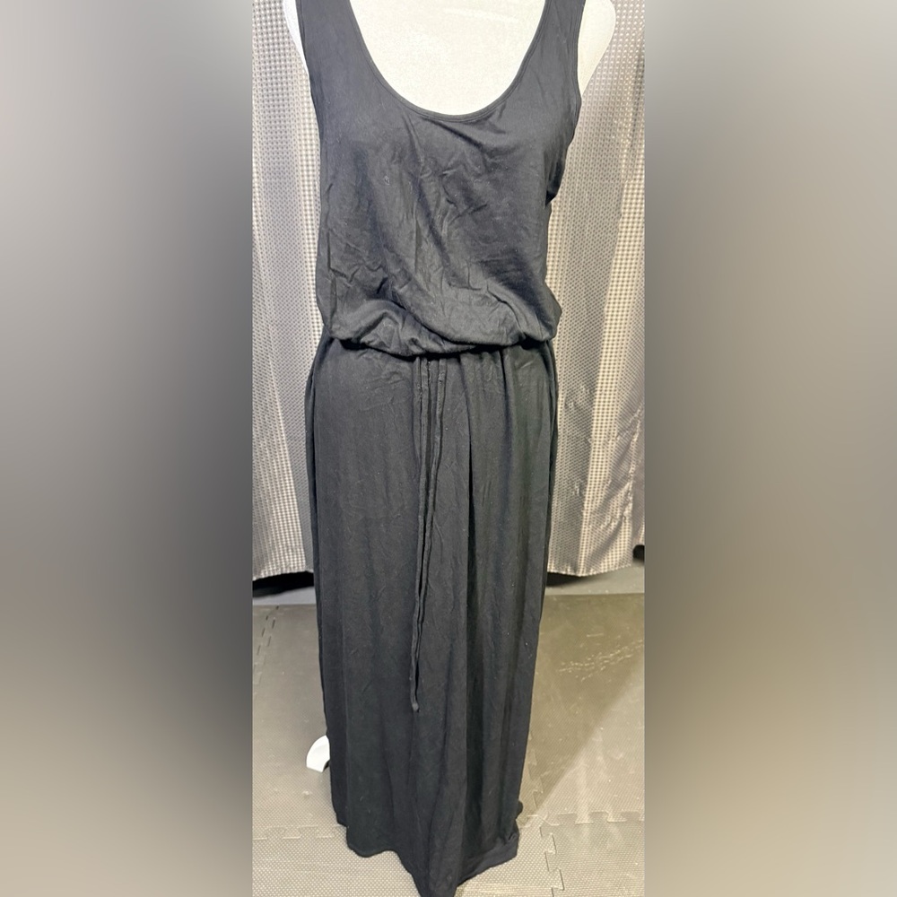Black knit tank dress with drawstring waist - floor length